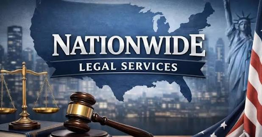 Nationwide legal process services with U.S. map, scales of justice, and gavel