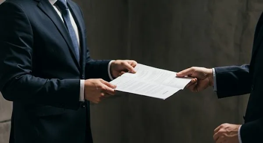 Two professionals in dark business suits exchanging a multi-page document, one handing the papers to the other.